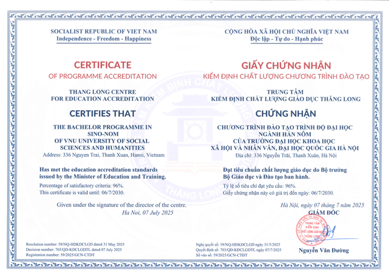 Chương trình đào tạo ngành Hán Nôm được công nhận đạt chuẩn chất lượng giáo dục